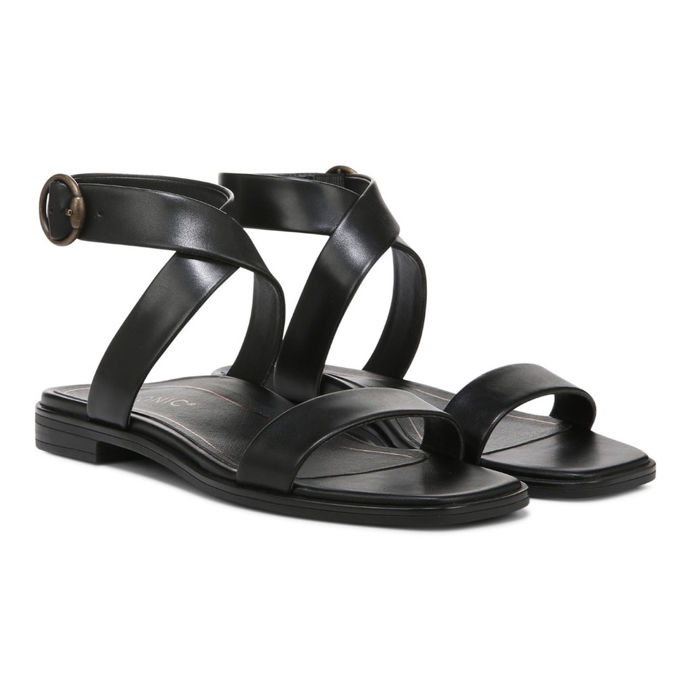 Vionic Black Leather Crisscross Ankle Strap Sandals